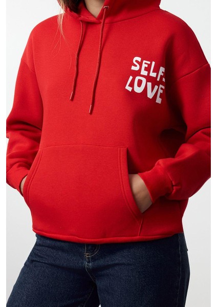 Kadın Oversize Kapüşonlu Düşük Kol Uzun Sırt Baskı Geniş Kalıp Kalın Içi Polarlı Örme Sweatshirt