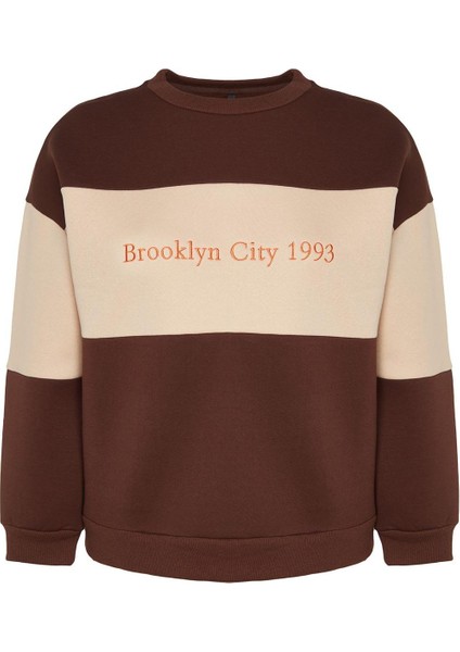 Kadın Büyük Beden Oversize Bisiklet Yaka Düşük Kol Kalın Içi Polarlı Nakış Detaylı Örme Sweatshirt