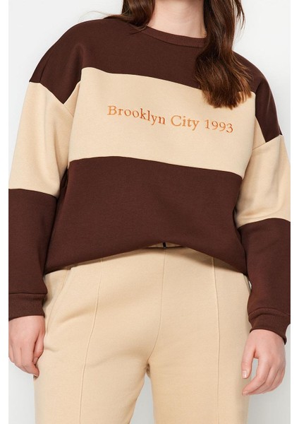 Kadın Büyük Beden Oversize Bisiklet Yaka Düşük Kol Kalın Içi Polarlı Nakış Detaylı Örme Sweatshirt fiyatları