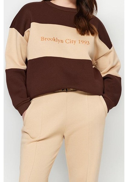 Kadın Büyük Beden Oversize Bisiklet Yaka Düşük Kol Kalın Içi Polarlı Nakış Detaylı Örme Sweatshirt modelleri