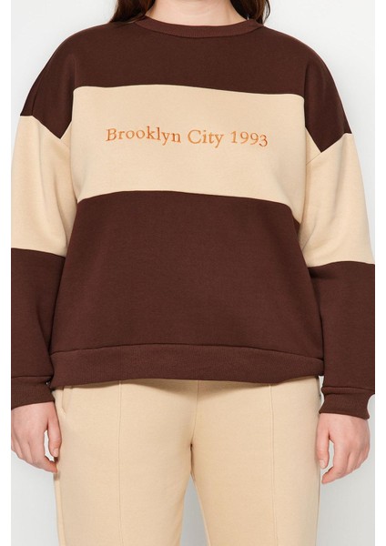 Kadın Büyük Beden Oversize Bisiklet Yaka Düşük Kol Kalın Içi Polarlı Nakış Detaylı Örme Sweatshirt indirimleri