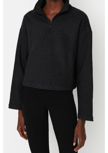 Kadın Fermuarlı Yaka Düşük Kol Selanik Triko Fermuarlı Yaka Normal Kalıp Örme Sweatshirt