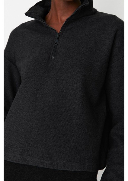 Kadın Fermuarlı Yaka Düşük Kol Selanik Triko Fermuarlı Yaka Normal Kalıp Örme Sweatshirt