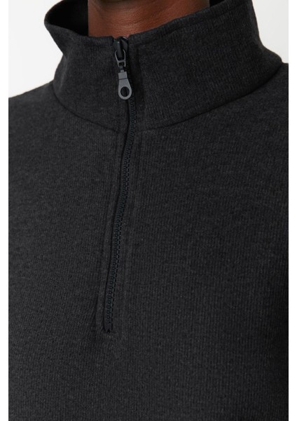 Kadın Fermuarlı Yaka Düşük Kol Selanik Triko Fermuarlı Yaka Normal Kalıp Örme Sweatshirt