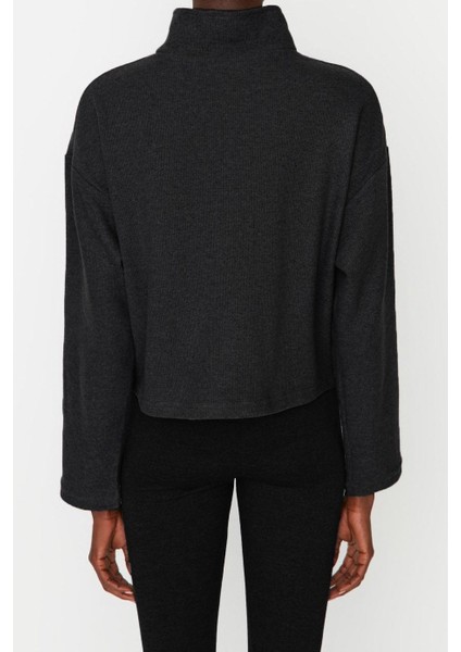 Kadın Fermuarlı Yaka Düşük Kol Selanik Triko Fermuarlı Yaka Normal Kalıp Örme Sweatshirt