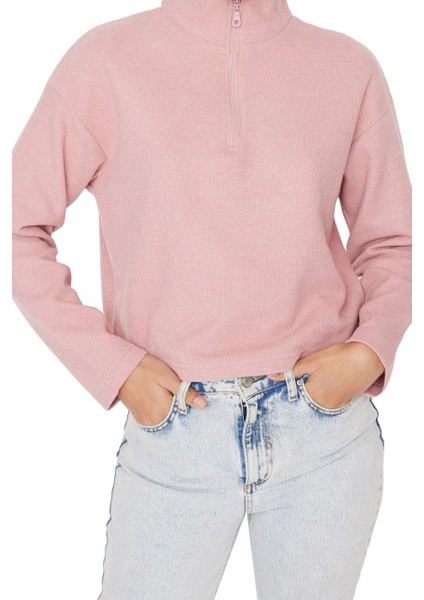 Kadın Fermuarlı Yaka Düşük Kol Selanik Triko Fermuarlı Yaka Normal Kalıp Örme Sweatshirt fırsatları