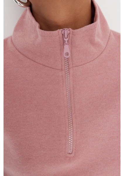 Kadın Fermuarlı Yaka Düşük Kol Selanik Triko Fermuarlı Yaka Normal Kalıp Örme Sweatshirt indirimleri