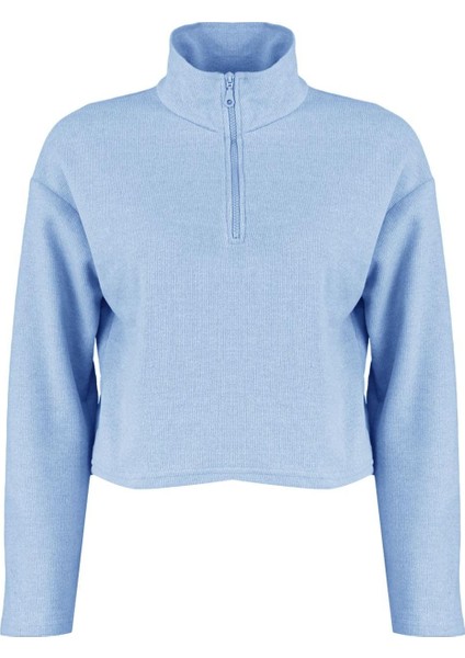 Kadın Fermuarlı Yaka Düşük Kol Selanik Triko Fermuarlı Yaka Normal Kalıp Örme Sweatshirt