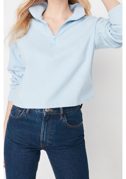 Kadın Fermuarlı Yaka Düşük Kol Selanik Triko Fermuarlı Yaka Normal Kalıp Örme Sweatshirt modelleri