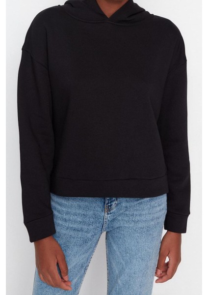 Kadın Moda Regular Kapüşonlu Düşük Kol Regular Normal Kalıp Basic Kalın Içi Polarlı Örme Sweatshirt