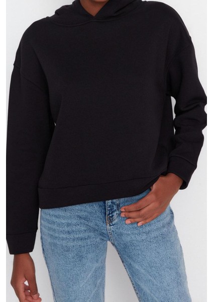 Kadın Moda Regular Kapüşonlu Düşük Kol Regular Normal Kalıp Basic Kalın Içi Polarlı Örme Sweatshirt