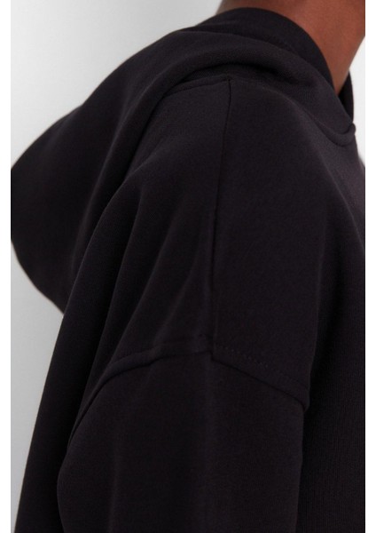Kadın Moda Regular Kapüşonlu Düşük Kol Regular Normal Kalıp Basic Kalın Içi Polarlı Örme Sweatshirt