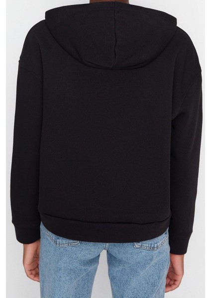 Kadın Moda Regular Kapüşonlu Düşük Kol Regular Normal Kalıp Basic Kalın Içi Polarlı Örme Sweatshirt