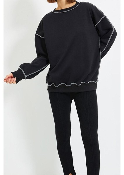 Kadın Bol Bisiklet Yaka Düşük Kol Uzun Normal Kalıp Karyoka Dikişli Kalın Polarlı Örme Sweatshirt