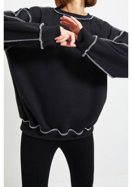 Kadın Bol Bisiklet Yaka Düşük Kol Uzun Normal Kalıp Karyoka Dikişli Kalın Polarlı Örme Sweatshirt