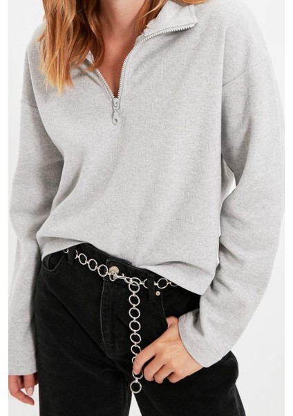 Kadın Fermuarlı Yaka Düşük Kol Selanik Triko Fermuarlı Yaka Normal Kalıp Örme Sweatshirt modelleri