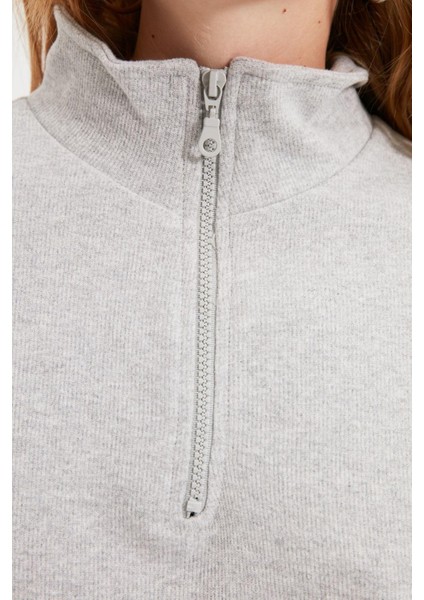 Kadın Fermuarlı Yaka Düşük Kol Selanik Triko Fermuarlı Yaka Normal Kalıp Örme Sweatshirt fırsatları