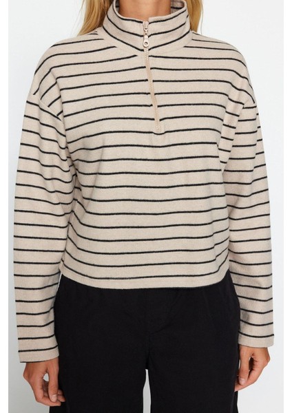 Kadın Fermuarlı Yaka Düşük Kol Çizgili Selanik Fermuarlı Normal Kalıp Örme Sweatshirt indirimleri