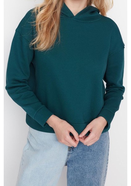 Kadın Moda Regular Kapüşonlu Düşük Kol Regular Normal Kalıp Basic Kalın Içi Polarlı Örme Sweatshirt