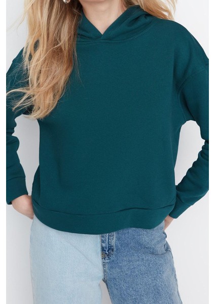 Kadın Moda Regular Kapüşonlu Düşük Kol Regular Normal Kalıp Basic Kalın Içi Polarlı Örme Sweatshirt