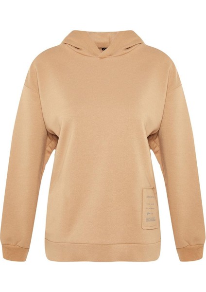 Kadın Moda Şık Relaxed Kapüşonlu Düşük Kol Regular Baskılı ve Şardonlu Örme Sweatshirt