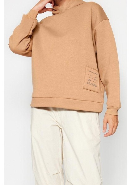 Kadın Moda Şık Relaxed Kapüşonlu Düşük Kol Regular Baskılı ve Şardonlu Örme Sweatshirt modelleri