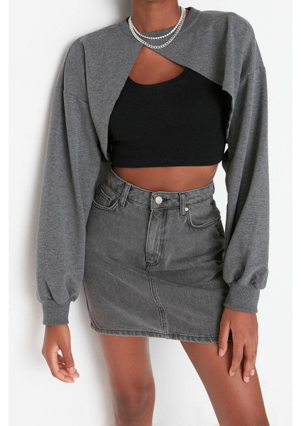 Kadın Moda Şık Crop Bisiklet Yaka Düşük Kol Crop Asimetrik Super Crop Ince Örme Sweatshirt fiyatları