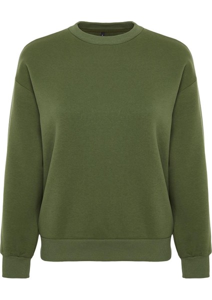 Kadın Regular Bisiklet Yaka Düşük Kol Regular Kalın Içi Polarlı Normal Kalıp Basic Örme Sweatshirt