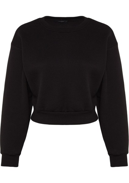 Kadın Moda Şık Crop Dik Yaka Düşük Kol Crop Rahat Kesim Crop Basic Kalın Içi Polarlı Örme Sweatshirt