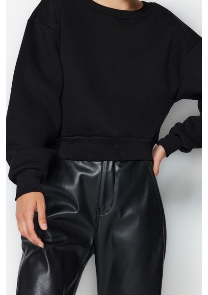 Kadın Moda Şık Crop Dik Yaka Düşük Kol Crop Rahat Kesim Crop Basic Kalın Içi Polarlı Örme Sweatshirt