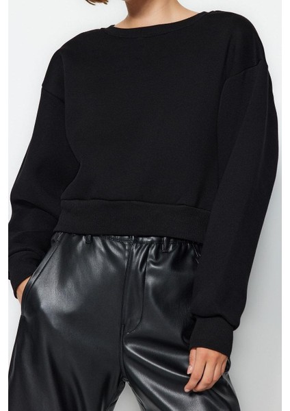 Kadın Moda Şık Crop Dik Yaka Düşük Kol Crop Rahat Kesim Crop Basic Kalın Içi Polarlı Örme Sweatshirt