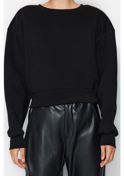 Kadın Moda Şık Crop Dik Yaka Düşük Kol Crop Rahat Kesim Crop Basic Kalın Içi Polarlı Örme Sweatshirt