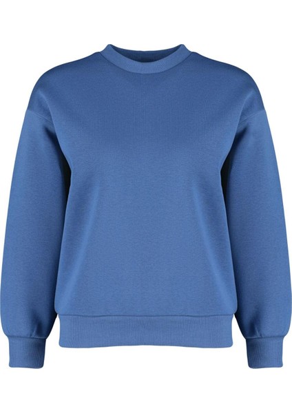 Kadın Regular Bisiklet Yaka Düşük Kol Regular Kalın Içi Polarlı Normal Kalıp Basic Örme Sweatshirt