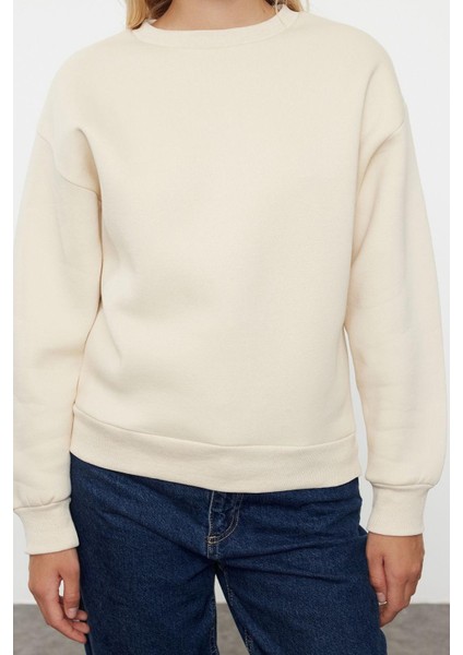 Kadın Regular Bisiklet Yaka Düşük Kol Regular Kalın Içi Polarlı Normal Kalıp Basic Örme Sweatshirt