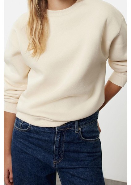 Kadın Regular Bisiklet Yaka Düşük Kol Regular Kalın Içi Polarlı Normal Kalıp Basic Örme Sweatshirt fiyatları