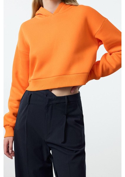 Kadın Moda Şık Relaxed Kapüşonlu Düşük Kol Crop Kalın Içi Polarlı Rahat Kesim Crop Örme Sweatshirt