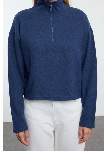 Kadın Fermuarlı Yaka Düşük Kol Selanik Triko Fermuarlı Yaka Normal Kalıp Örme Sweatshirt