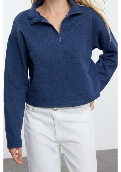 Kadın Fermuarlı Yaka Düşük Kol Selanik Triko Fermuarlı Yaka Normal Kalıp Örme Sweatshirt fiyatları