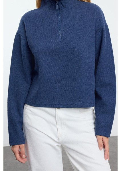 Kadın Fermuarlı Yaka Düşük Kol Selanik Triko Fermuarlı Yaka Normal Kalıp Örme Sweatshirt modelleri