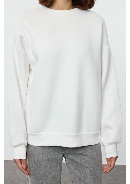 Kadın Moda Oversize Bisiklet Yaka Düşük Kol Uzun Rahat Kesim Basic Kalın Içi Polarlı Örme Sweatshirt
