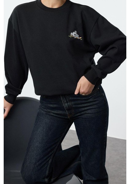 Kadın Bisiklet Yaka Standart Kol Animal Nakışlı Normal Kalıp Kalın Içi Polarlı Örme Sweatshirt