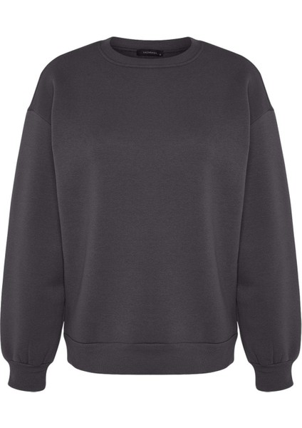 Kadın Moda Oversize Bisiklet Yaka Düşük Kol Uzun Rahat Kesim Basic Kalın Içi Polarlı Örme Sweatshirt
