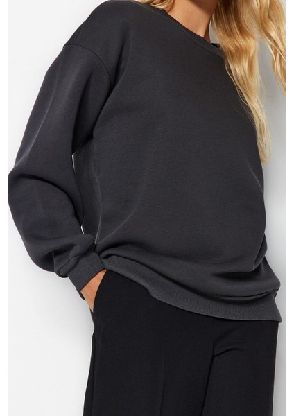 Kadın Moda Oversize Bisiklet Yaka Düşük Kol Uzun Rahat Kesim Basic Kalın Içi Polarlı Örme Sweatshirt modelleri