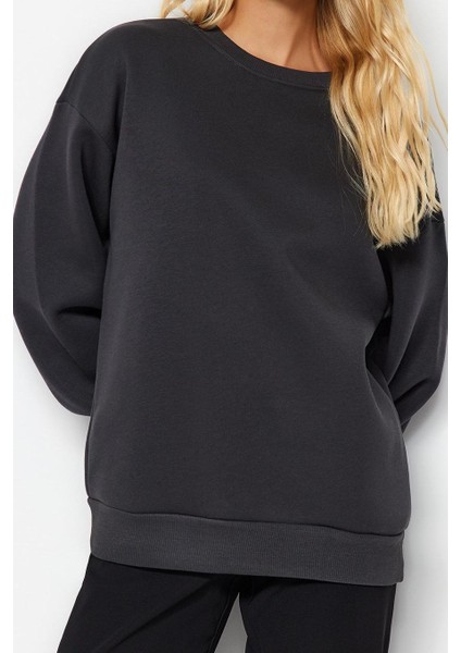 Kadın Moda Oversize Bisiklet Yaka Düşük Kol Uzun Rahat Kesim Basic Kalın Içi Polarlı Örme Sweatshirt fırsatları
