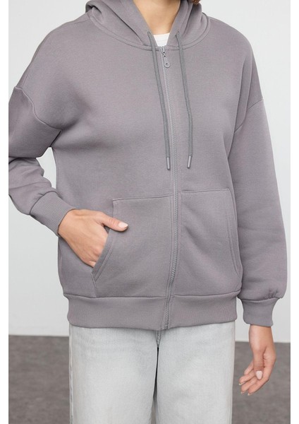 Kadın Moda Oversize Kapüşonlu Düşük Kol Uzun Rahat Kesim Basic Fermuarlı Kalın Içi Polarl