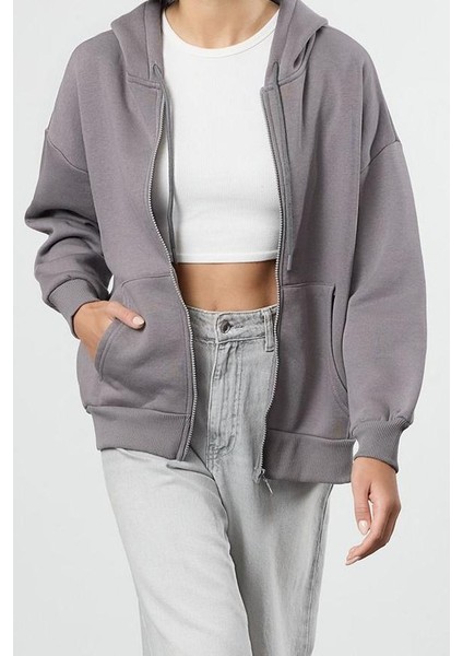 Kadın Moda Oversize Kapüşonlu Düşük Kol Uzun Rahat Kesim Basic Fermuarlı Kalın Içi Polarl fiyatları