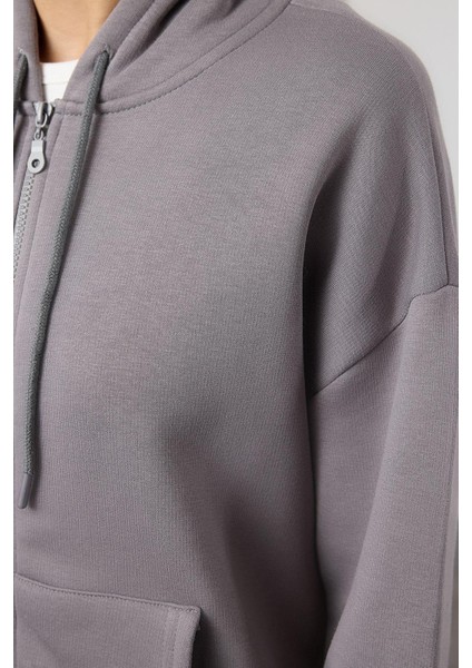 Kadın Moda Oversize Kapüşonlu Düşük Kol Uzun Rahat Kesim Basic Fermuarlı Kalın Içi Polarl fırsatları