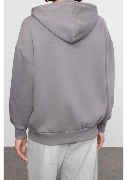 Kadın Moda Oversize Kapüşonlu Düşük Kol Uzun Rahat Kesim Basic Fermuarlı Kalın Içi Polarl indirimleri