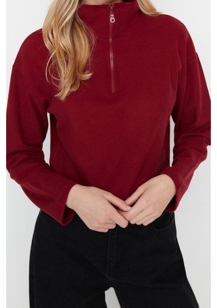 Kadın Fermuarlı Yaka Düşük Kol Selanik Triko Fermuarlı Yaka Normal Kalıp Örme Sweatshirt