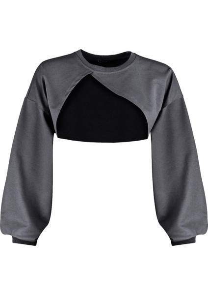 Kadın Moda Şık Crop Bisiklet Yaka Düşük Kol Crop Asimetrik Super Crop Ince Örme Sweatshirt
